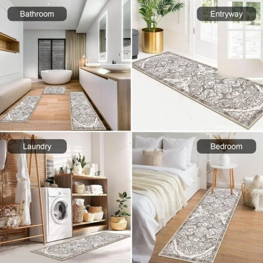New Set of 3 Farmhouse Kitchen Area Rug, Non-Slip, Washable Runner Mats
